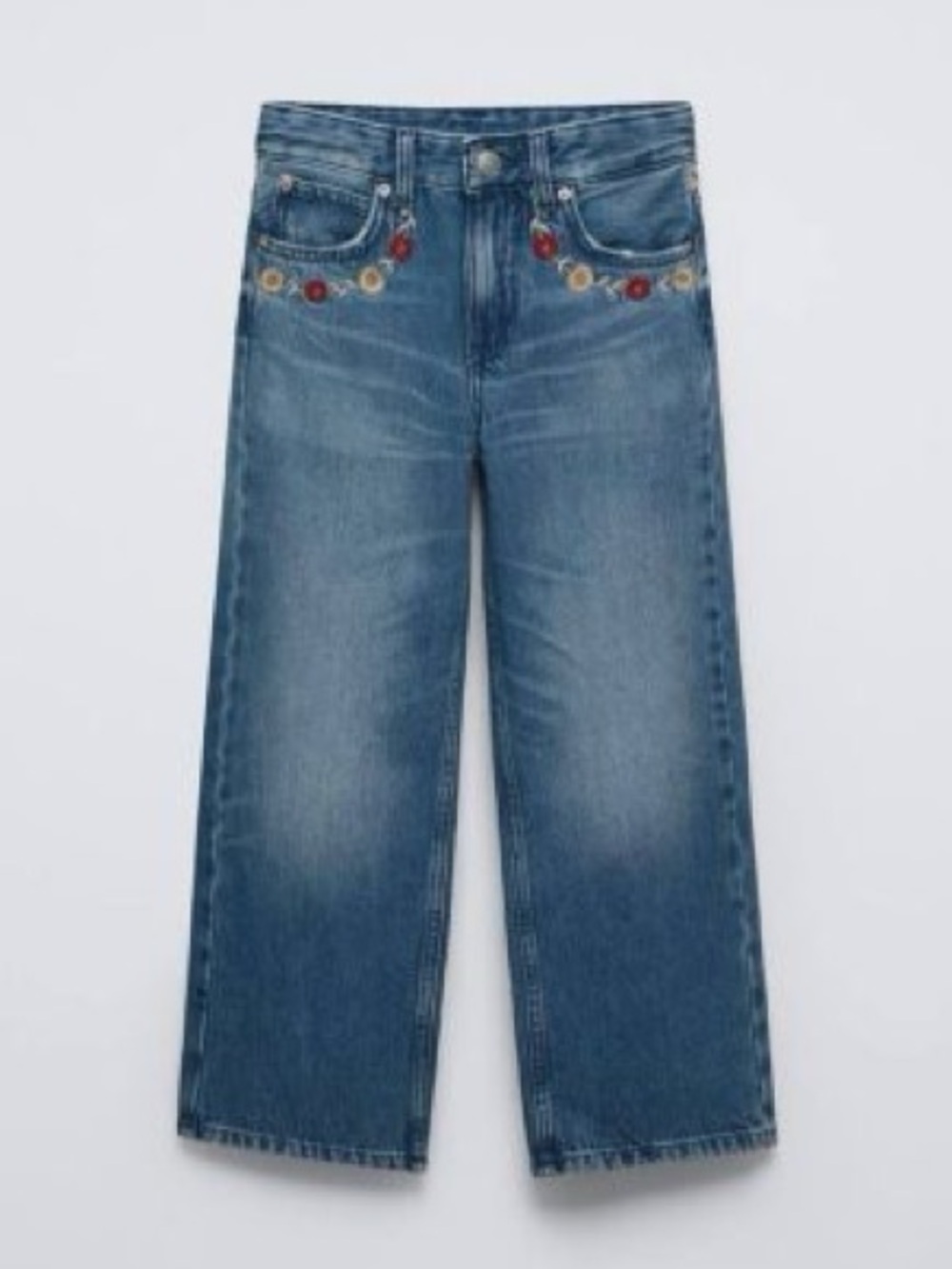 Zara Girls Floral Embroidered Wide Leg Jeans Blue Size 9 Cute Denim Flowers